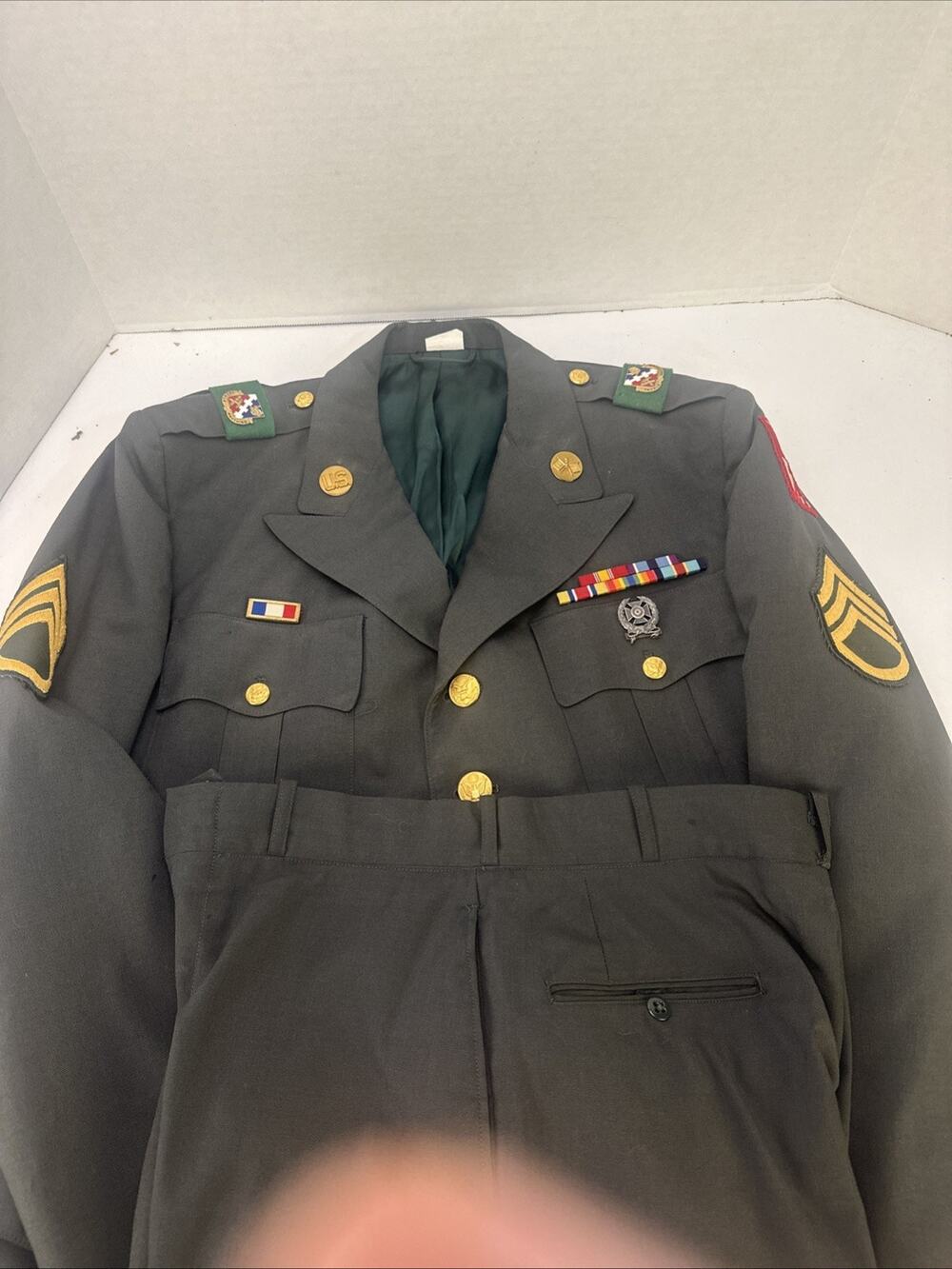 US Army Dress Uniform Mens Coat 46S Pants 32x27 Green SGT Rank Authentic